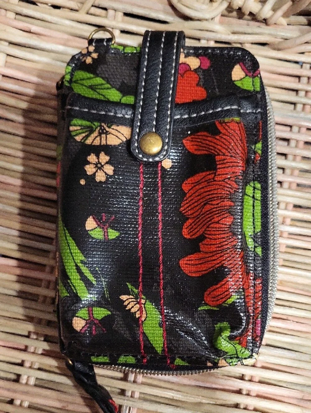 Sakroots Black Floral Zipper Phone Wallet Case with Green & Red Accents
